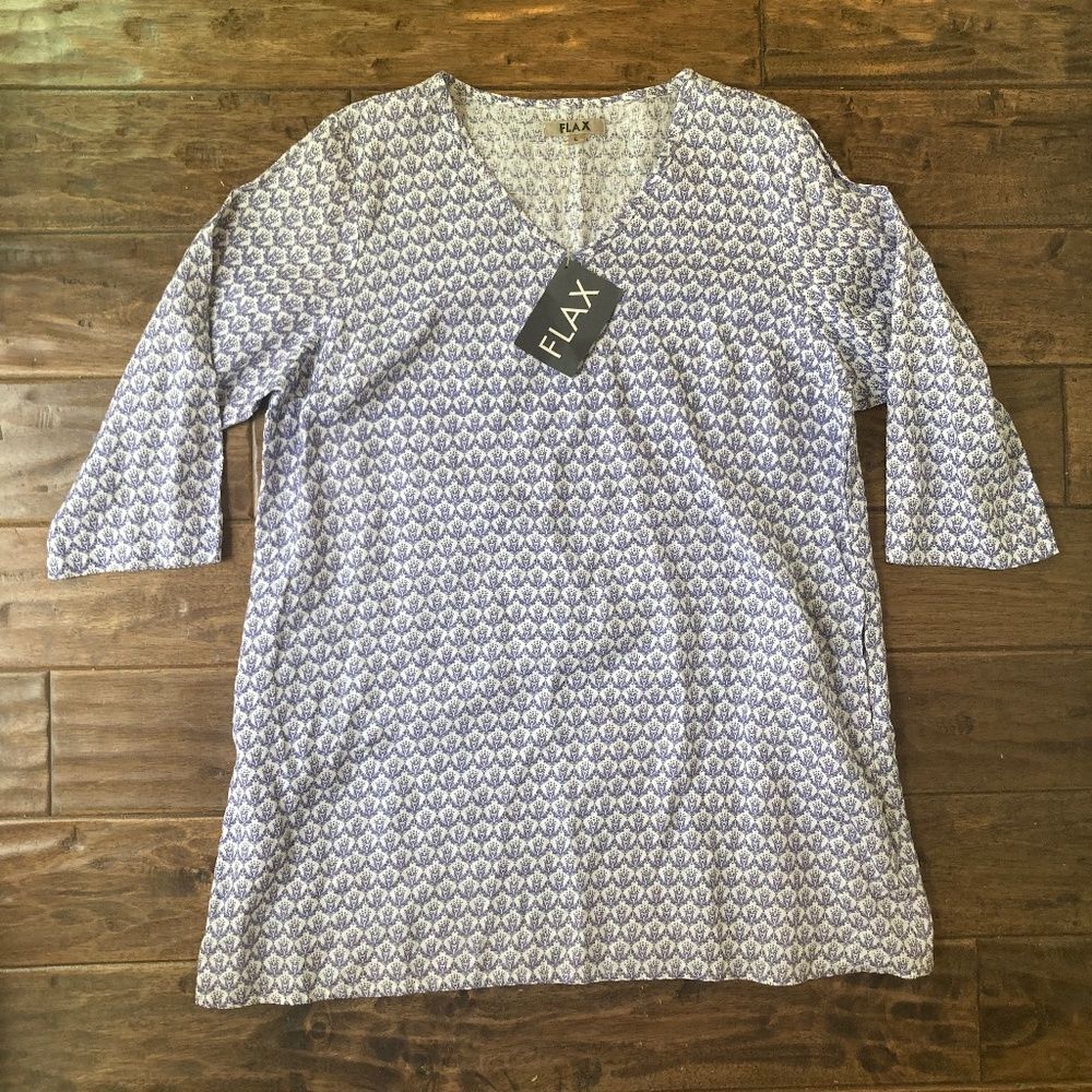Flax 100% Linen Women's Tunic Dress Large Purple 3/4 Length Sleeve